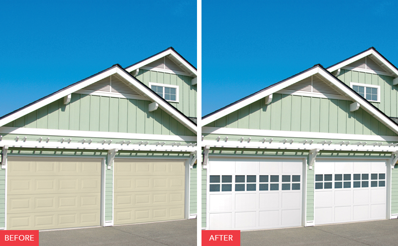 before and after traditional wood garage door installation