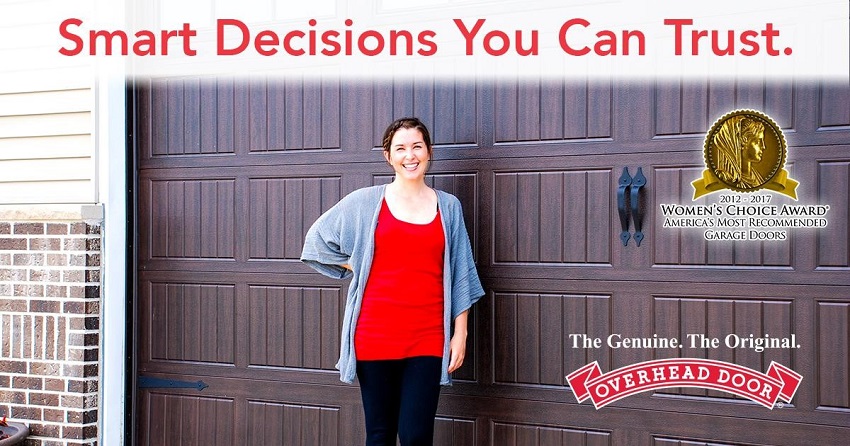 woman in front of garage door with women choice award and overhead door logos