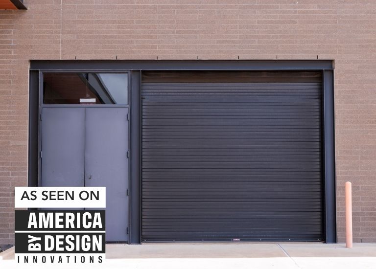 commercial rolling steel door with america by design logo