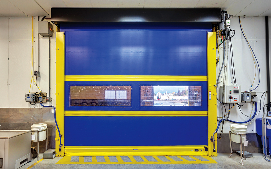 blue and yellow commercial fabric door