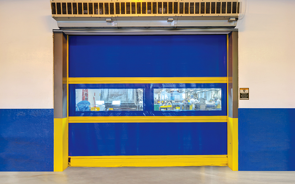blue and yellow commercial fabric door