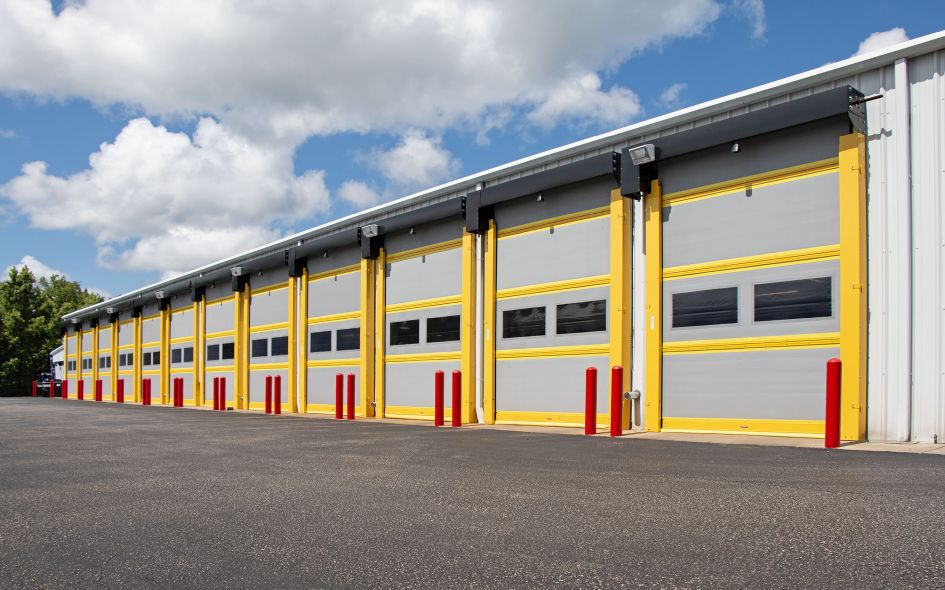 Rapidflex high speed fabric doors in grey. Multiple doors at an angle.
