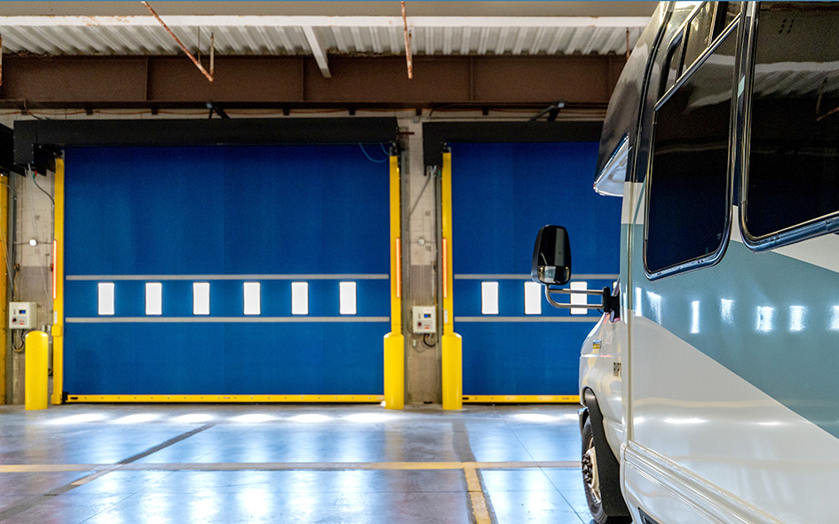 blue commercial fabric doors