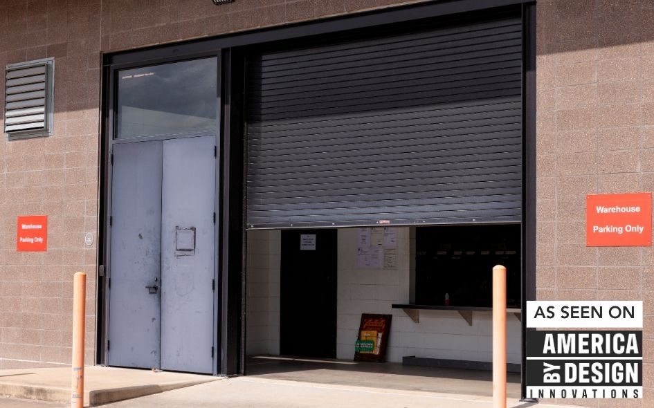black rolling service commercial door on installed on public works facility