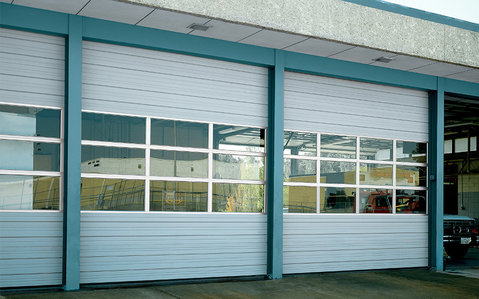 sectional steel doors with three rows of windows