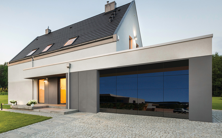 mirrored gray glass garage door