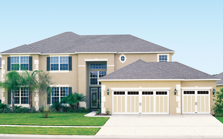 almond and white windstorm insulated garage door